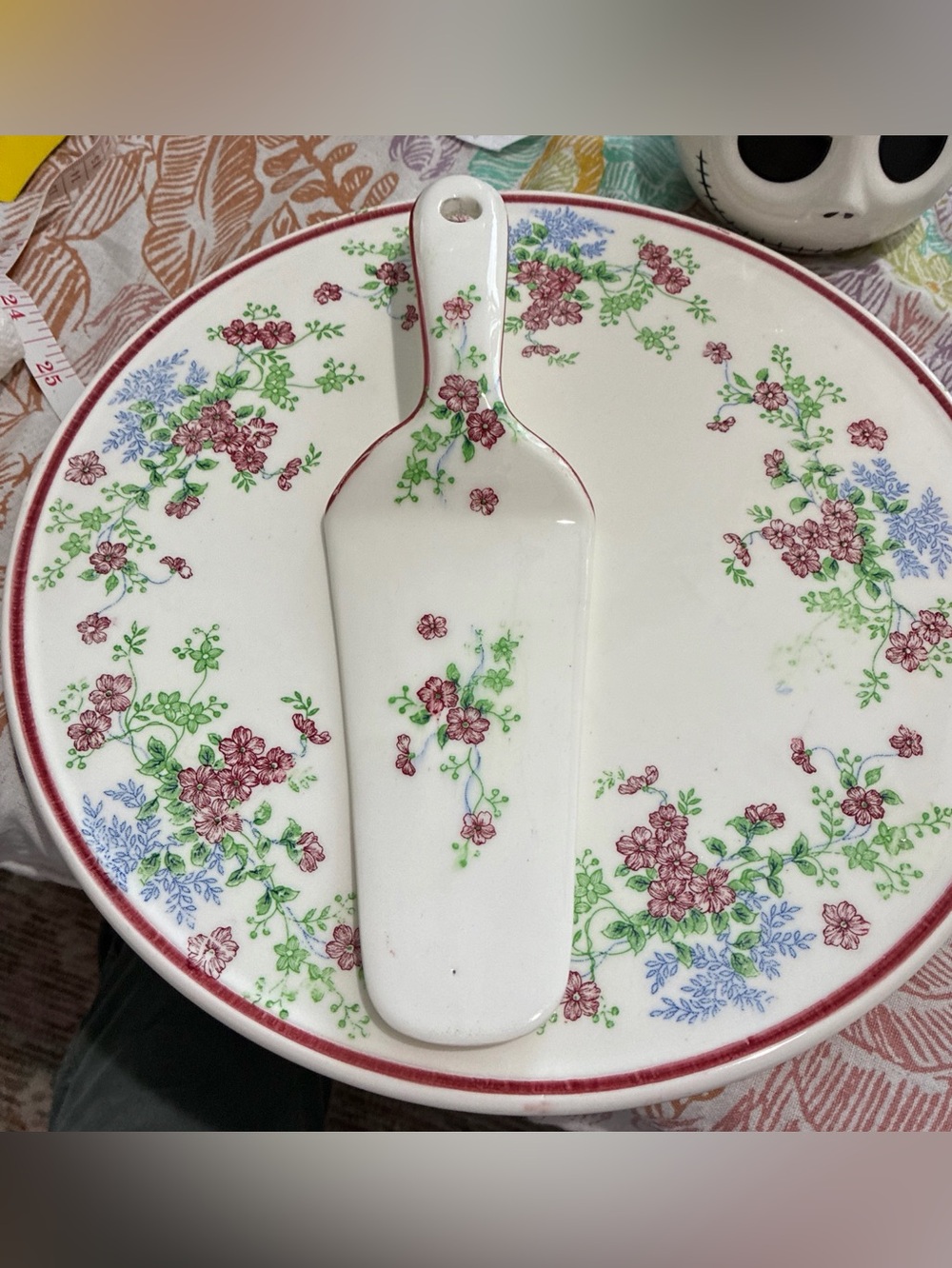 Cake Plate & Server, 1940s Japan. Cherry Blossoms, Forget-Me-Nots, Green Vines.